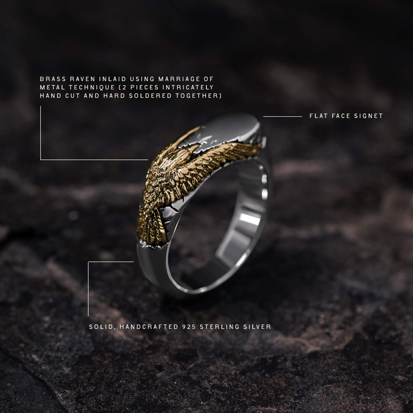 Sterling silver ring with brass raven inlaid on top, flat face signet, handcrafted with soldered construction.
