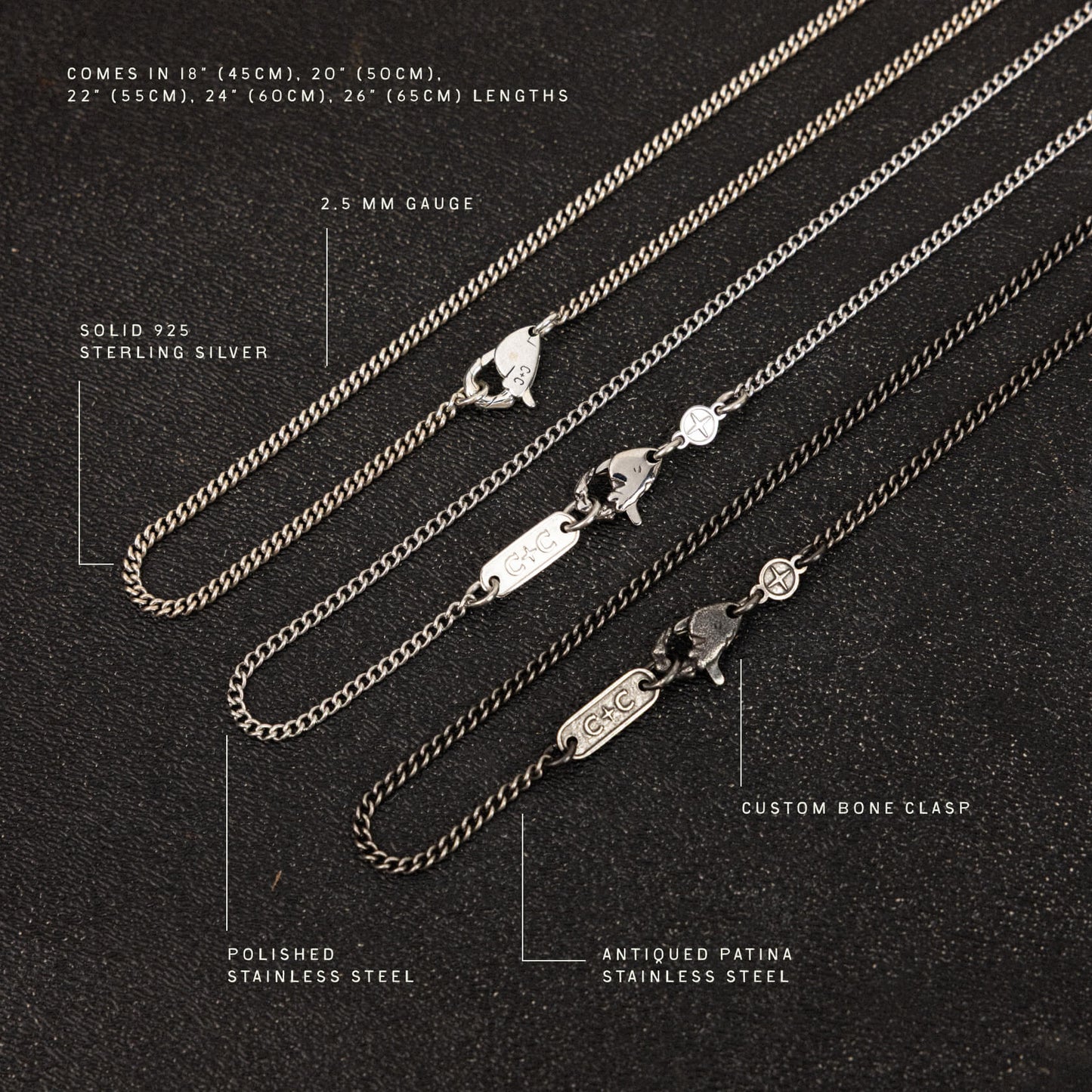 Five silver curb chains with lobster clasps in varying lengths and finishes: sterling silver, stainless steel, and antiqued p