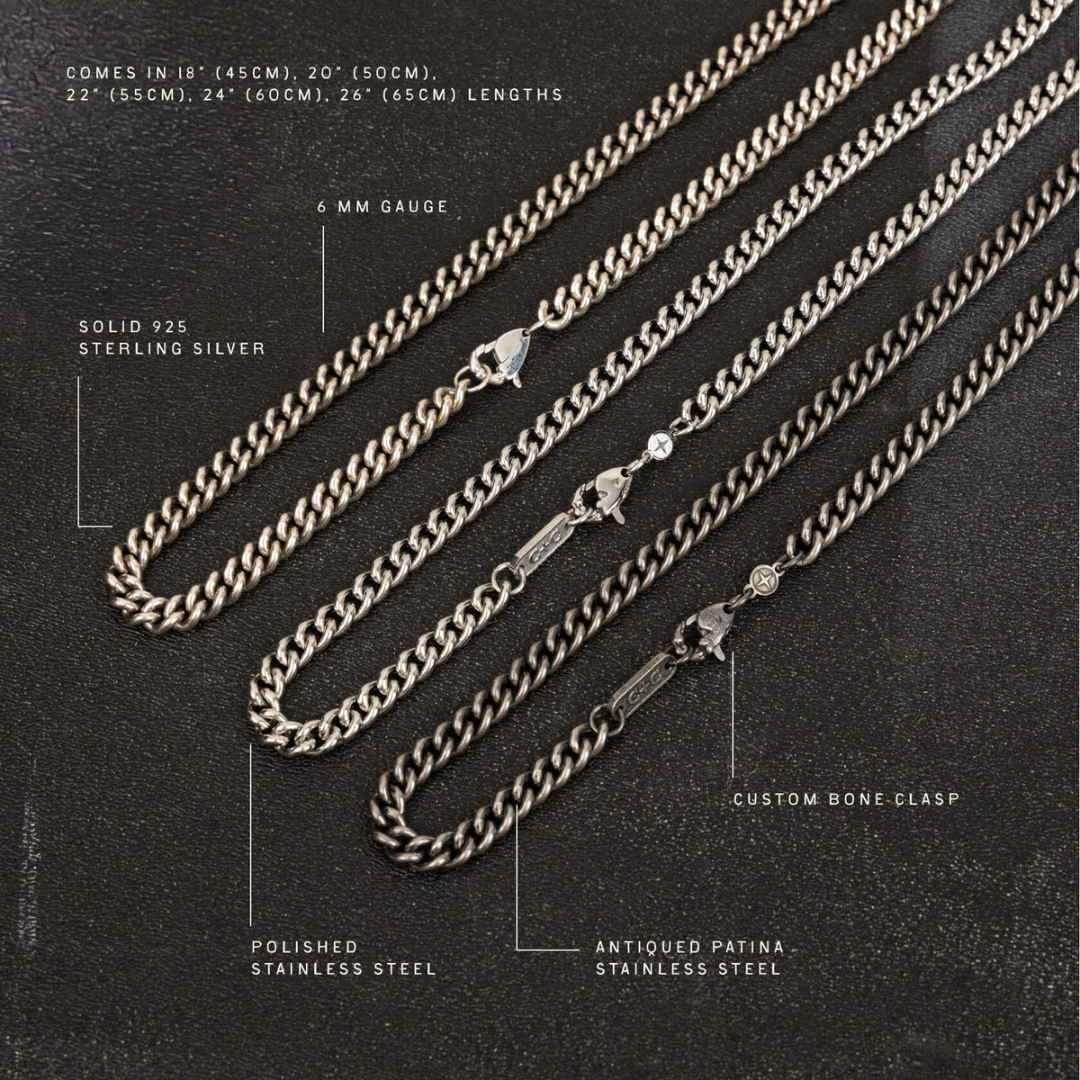 Six 6mm curb chains in solid 925 sterling silver, polished stainless steel, and antiqued patina finishes with custom bone cla