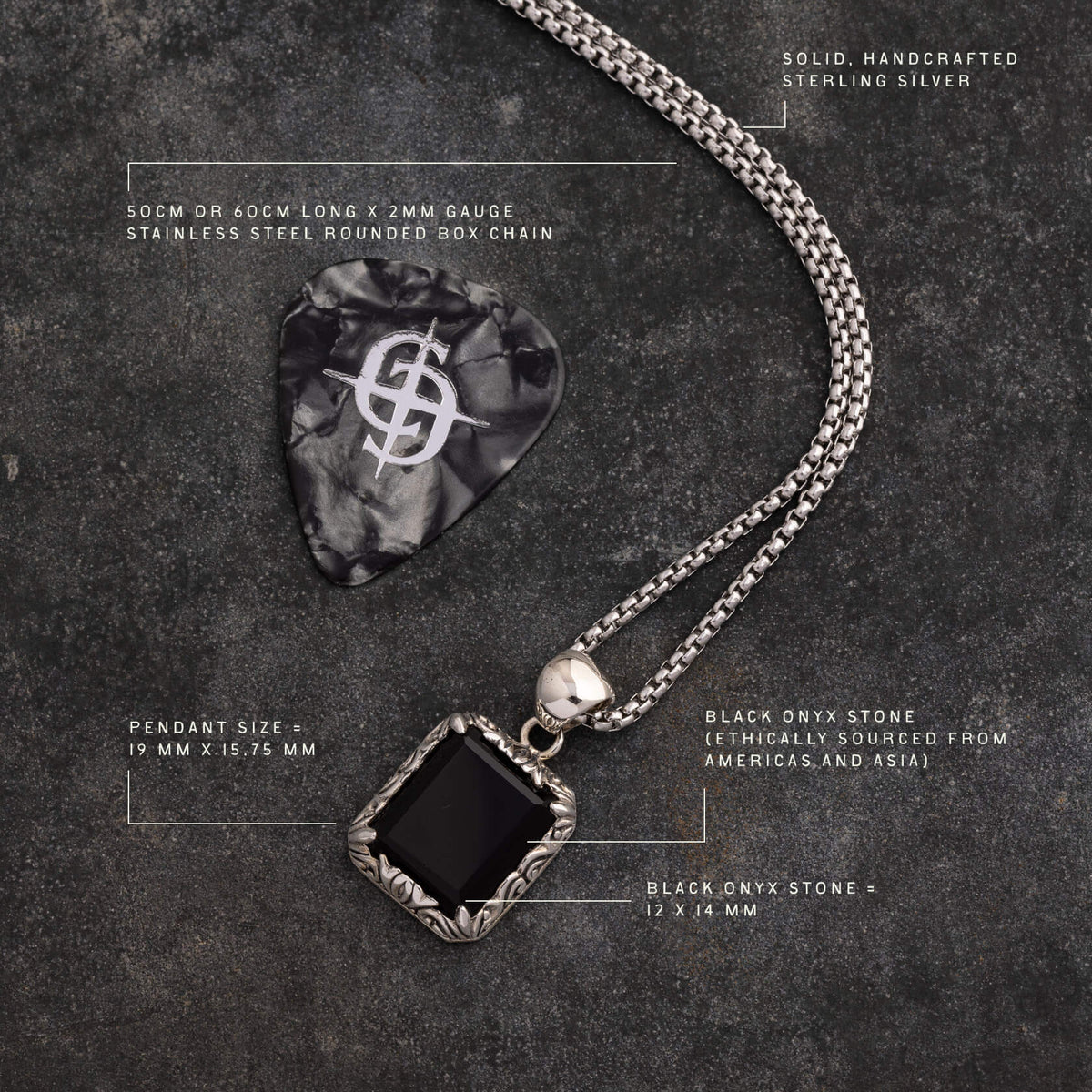 Sterling silver necklace with square black onyx pendant and stainless steel chain on dark textured background.