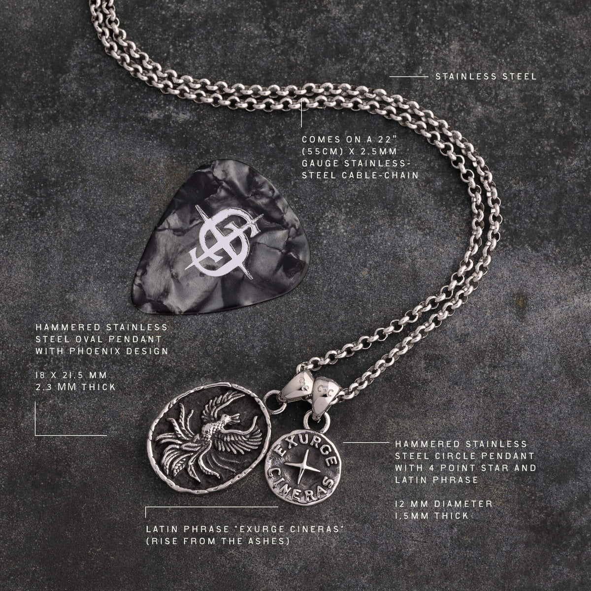 Stainless steel necklace with oval phoenix pendant and circular star pendant on 22-inch cable chain.