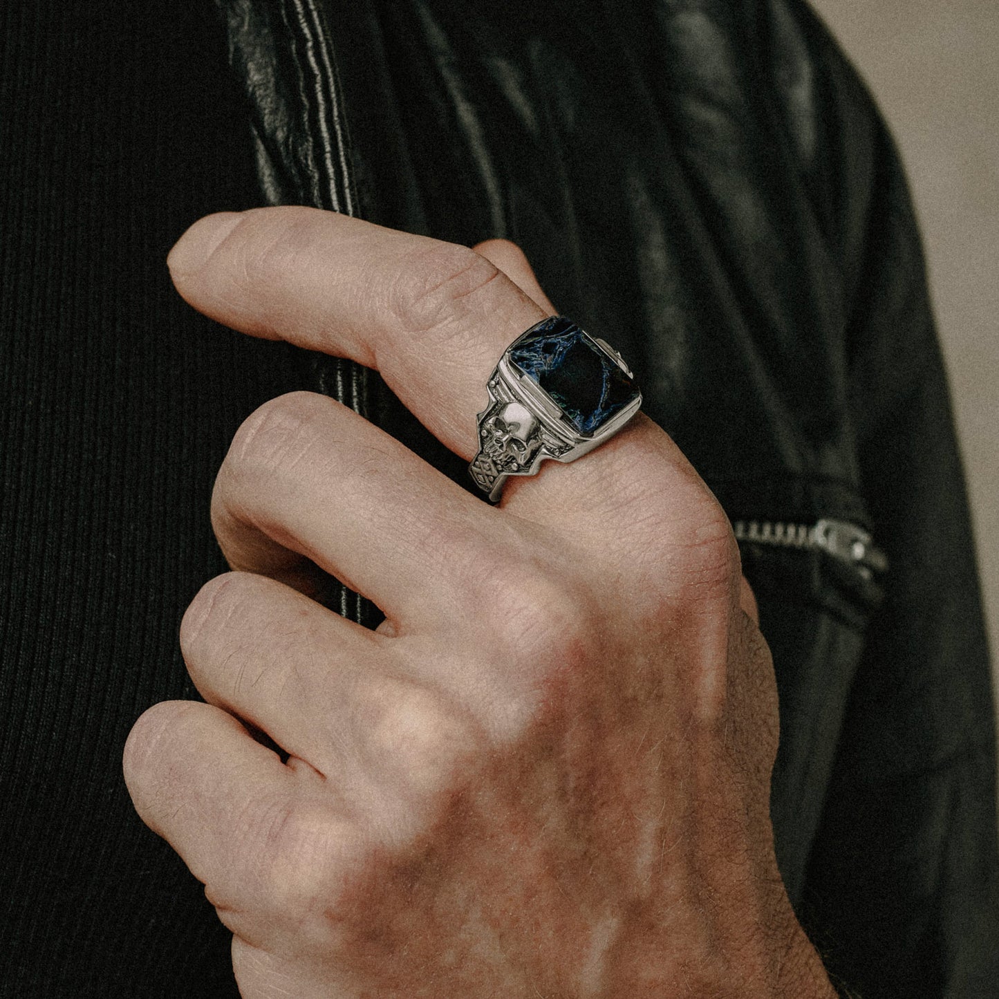 Desperado silver blue pietersite rectangle stone signet ring for men