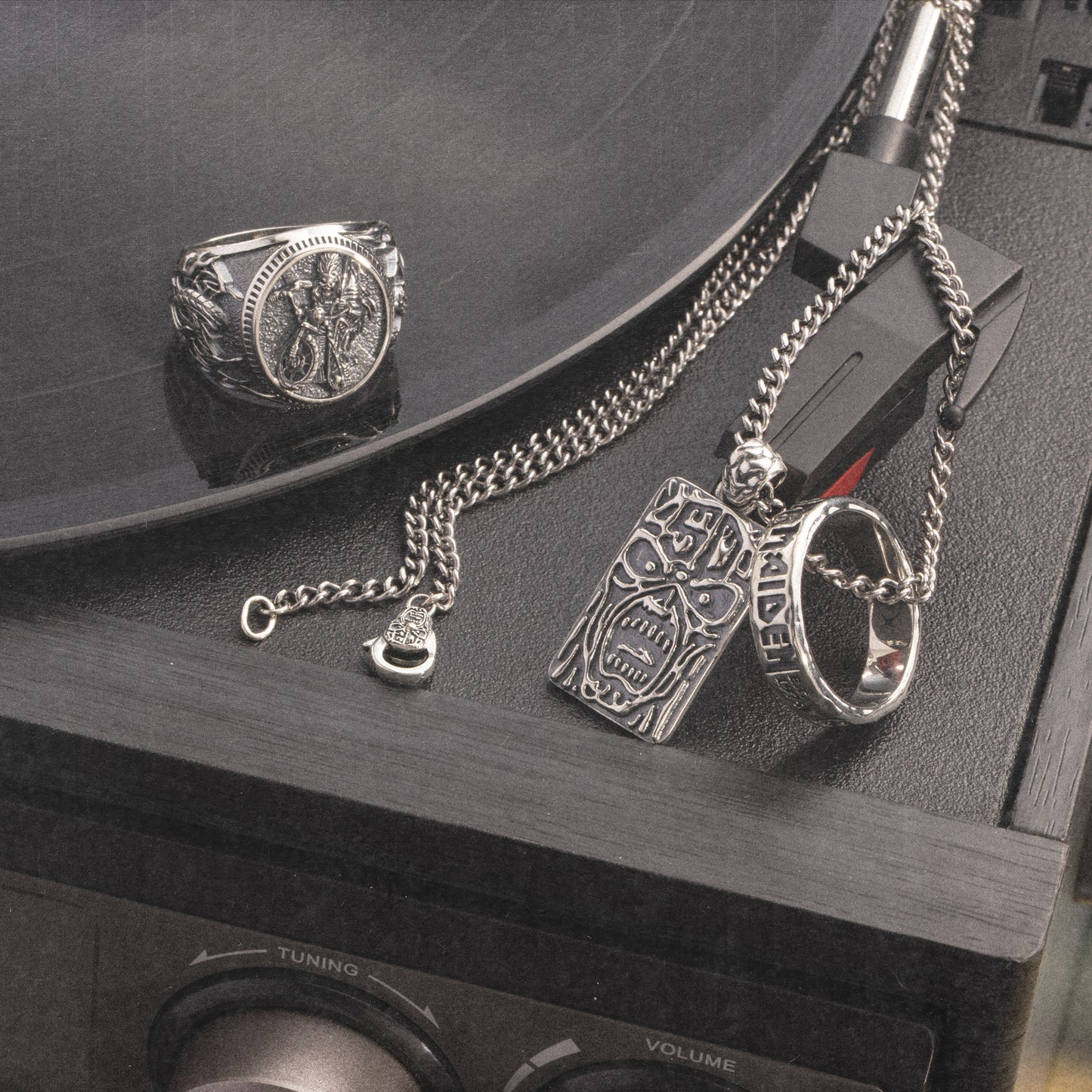 Infinite Dreams x Iron Maiden Sterling Silver Ring and 50th Anniversary Stamp x Iron Maiden Sterling Silver Pendant