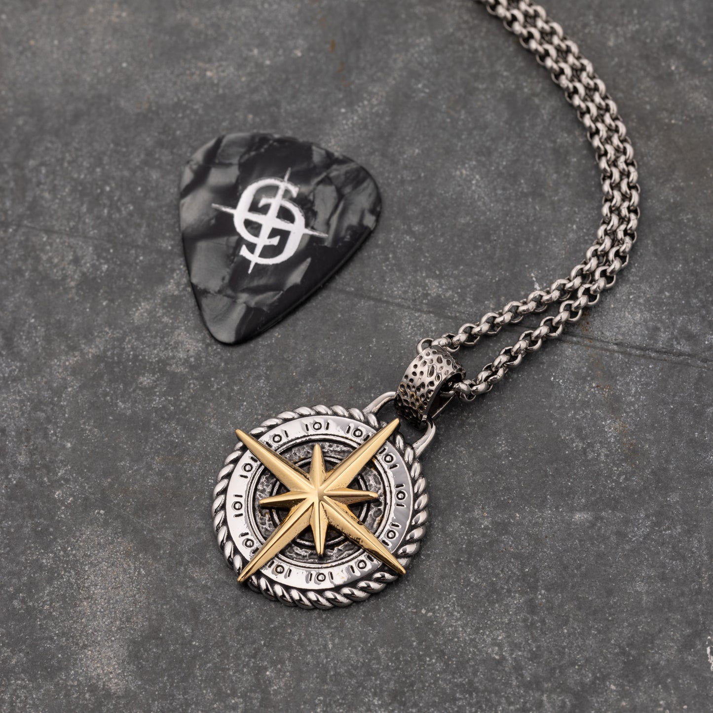 North Star Stainless Steel and Gold Compass pendant necklace
