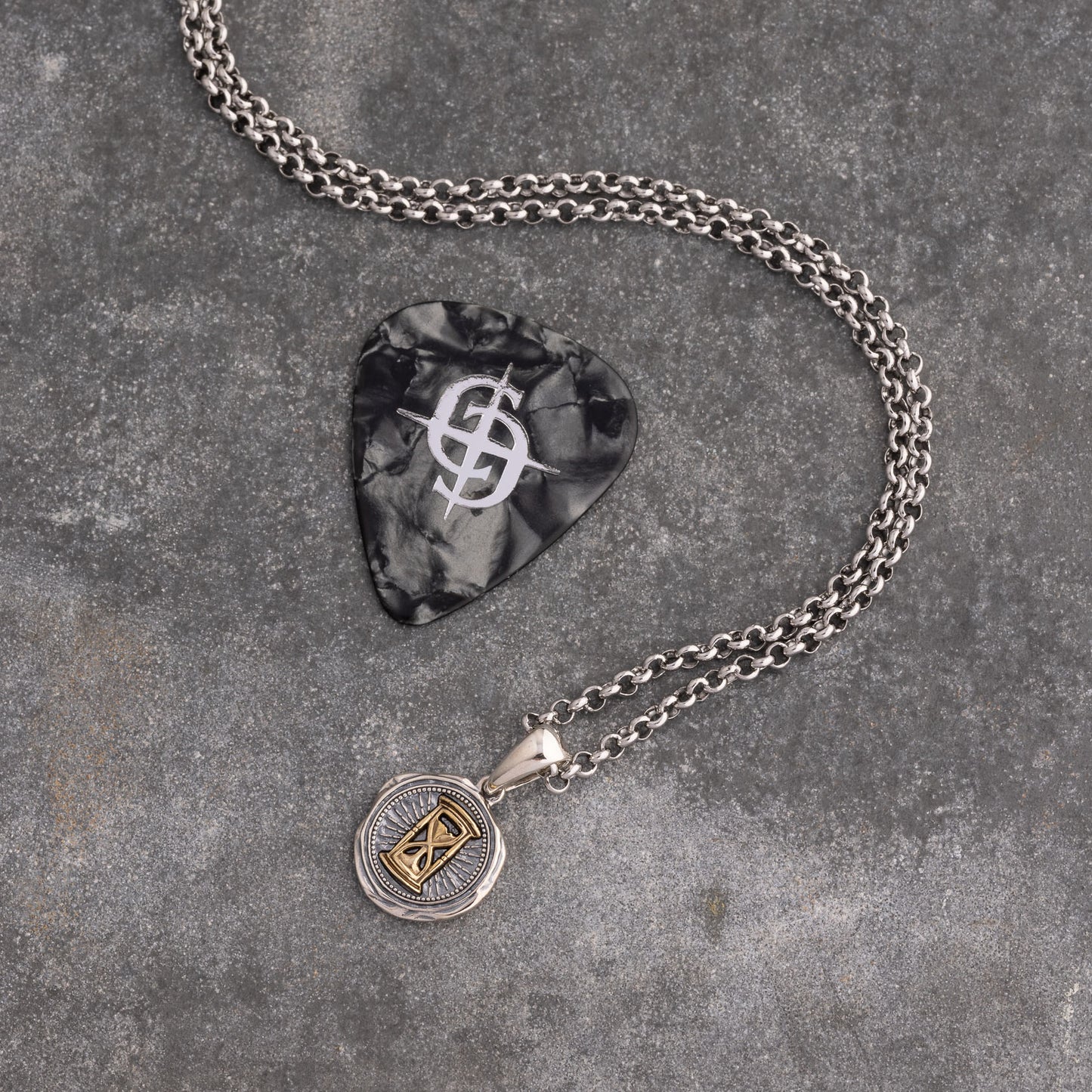 Time will tell hourglass medallion pendant necklace sterling silver with brass inlay