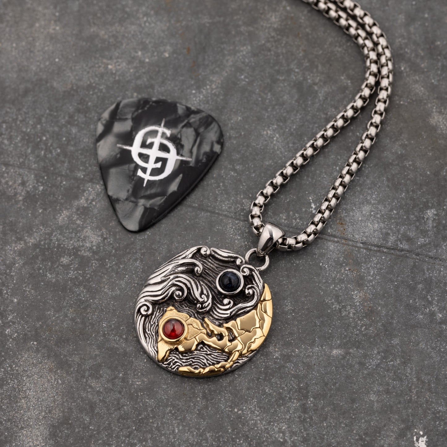 Weather the Storm Stainless Steel Red Garnet Blue Pietersite Gold Pendant Necklace for Men