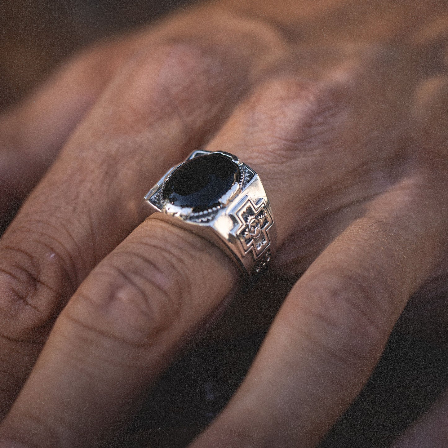 413 Diamond Cross Ranch Sterling Silver and Black Onyx Western Inspired Men's Signet Ring