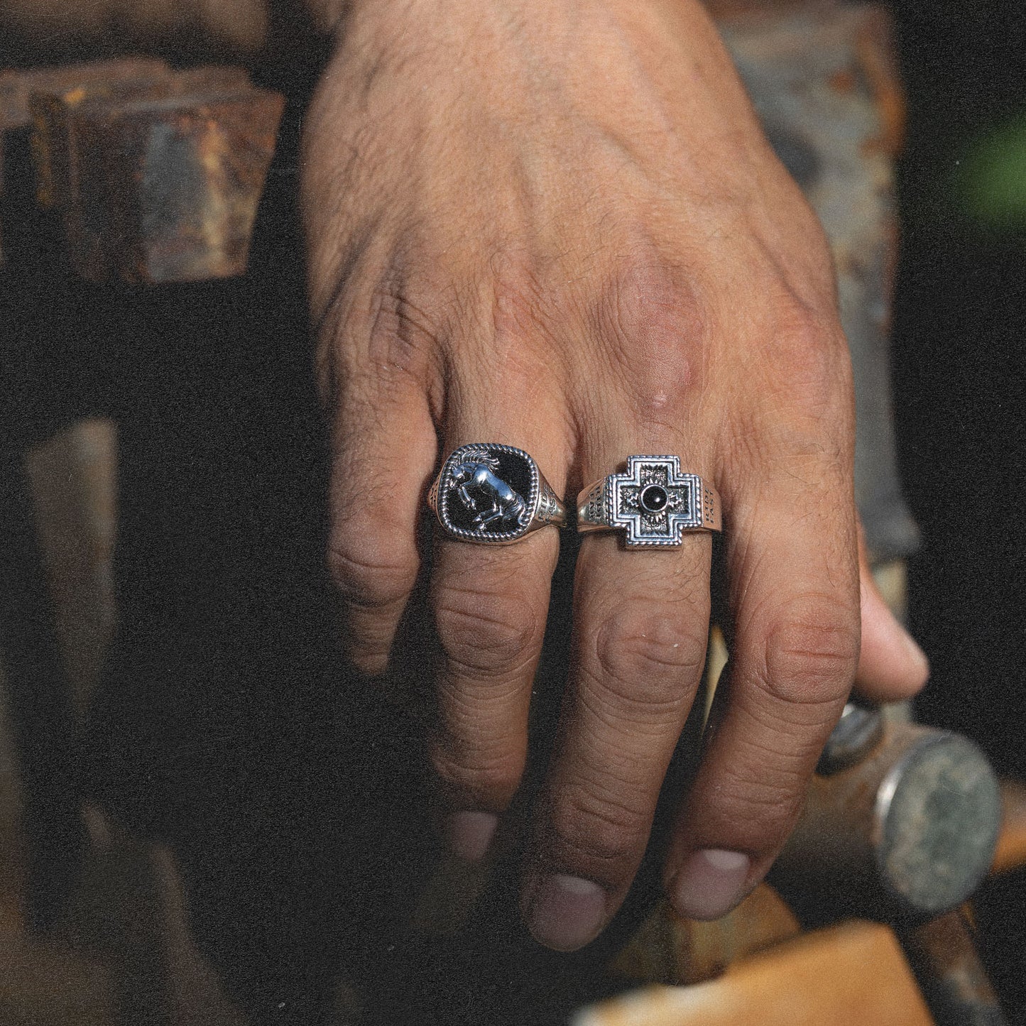 Bucking Bronco Horse Brave Heart Diamond Cross Ranch Ride Fast Sterling Silver western inspired square signet ring for men