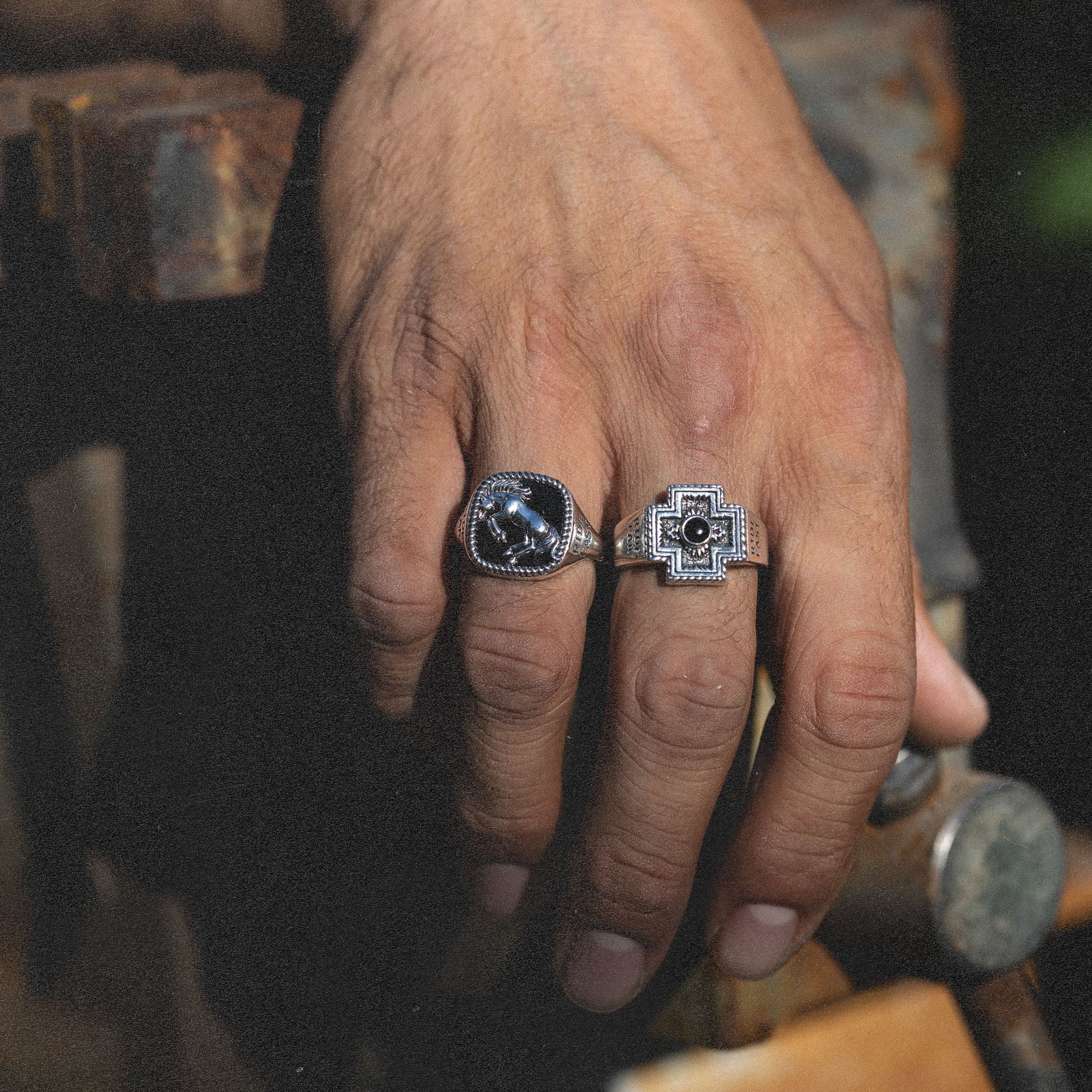 Bucking Bronco Horse Brave Heart Diamond Cross Ranch Ride Fast Sterling Silver western inspired square signet ring for men