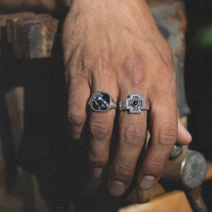 Bucking Bronco Horse Brave Heart Diamond Cross Ranch Ride Fast Sterling Silver western inspired square signet ring for men