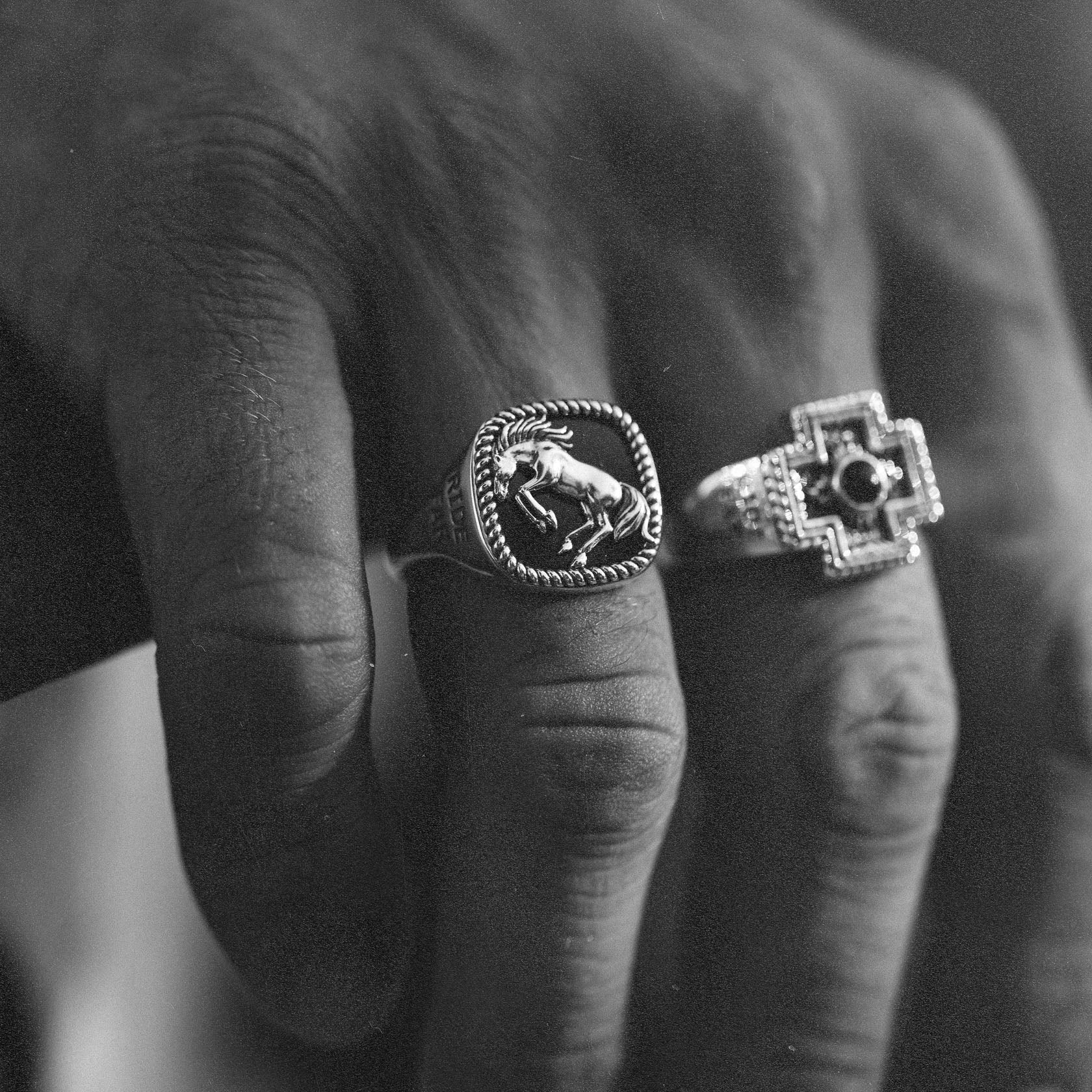 Bucking Bronco Horse Brave Heart Diamond Cross Ranch Ride Fast Sterling Silver western inspired square signet ring for men