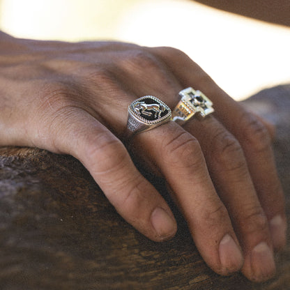 Bucking Bronco Horse Brave Heart Diamond Cross Ranch Ride Fast Sterling Silver western inspired square signet ring for men