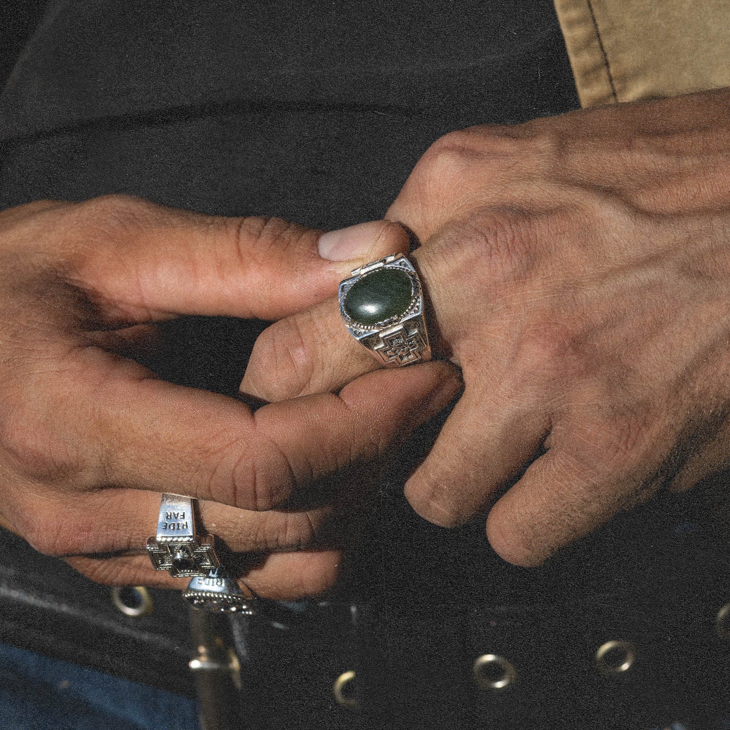 Diamond Cross Ranch sterling silver with dark green nephrite stone chunky signet ring for men