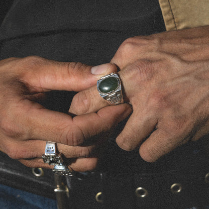 Diamond Cross Ranch sterling silver with dark green nephrite stone chunky signet ring for men