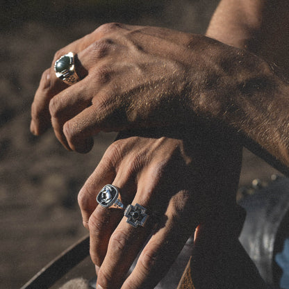 Diamond Cross Ranch sterling silver with dark green nephrite stone chunky signet ring for men