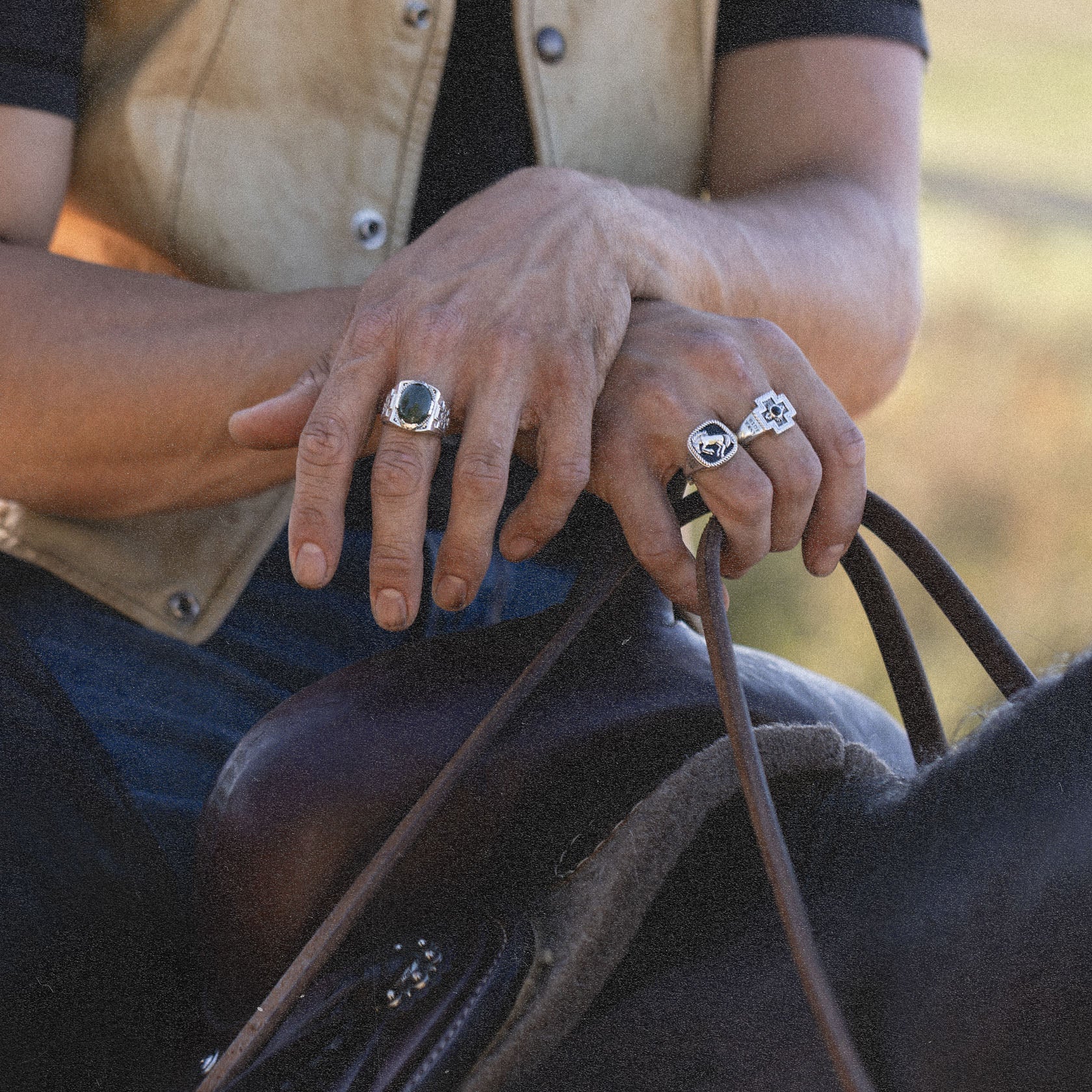 Diamond Cross Ranch sterling silver with dark green nephrite stone chunky signet ring for men