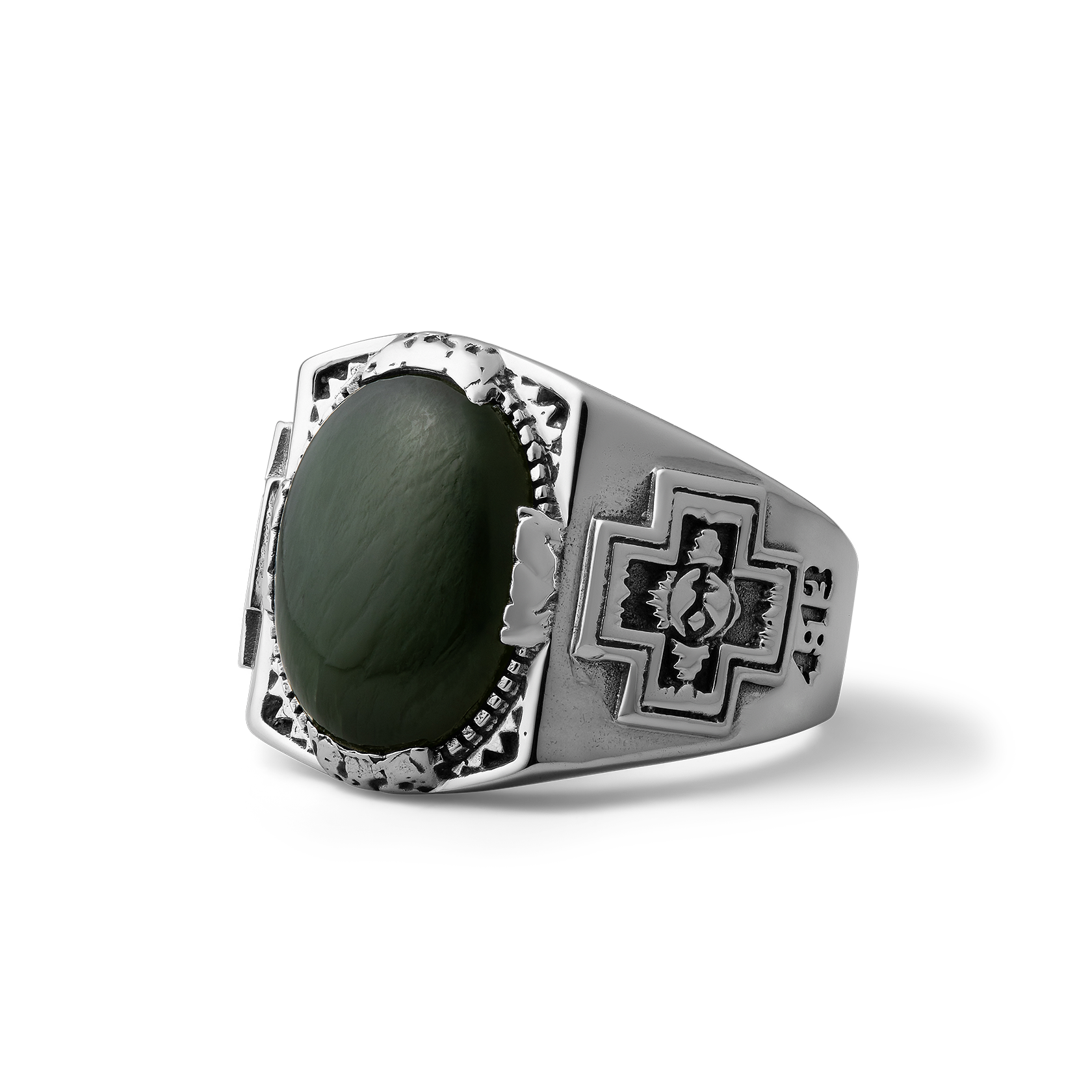 Diamond Cross Ranch sterling silver with dark green nephrite stone chunky signet ring for men