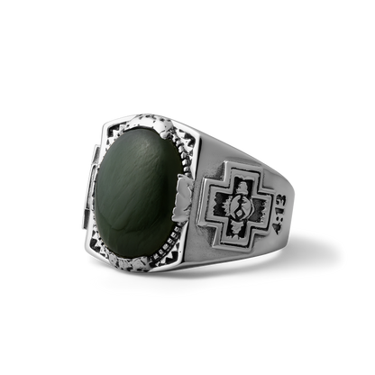 Diamond Cross Ranch sterling silver with dark green nephrite stone chunky signet ring for men
