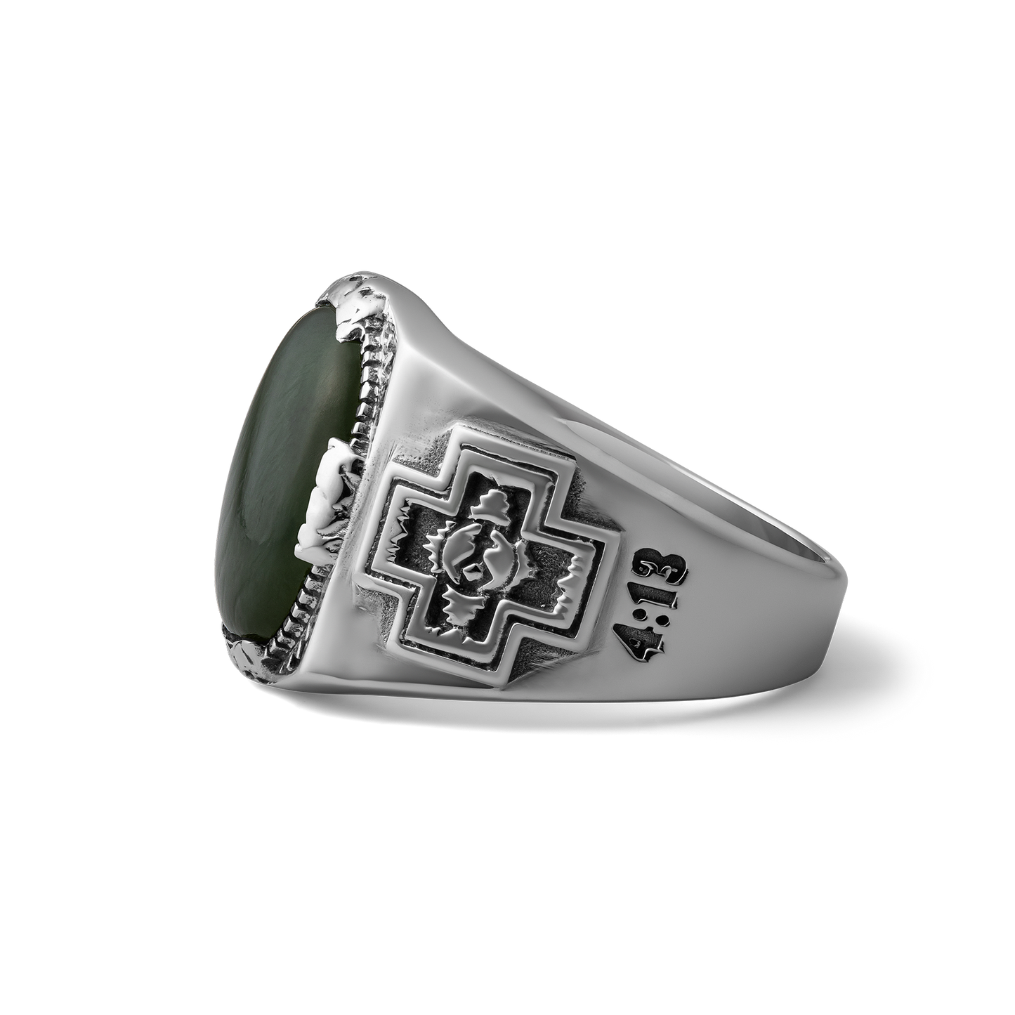 Diamond Cross Ranch sterling silver with dark green nephrite stone chunky signet ring for men