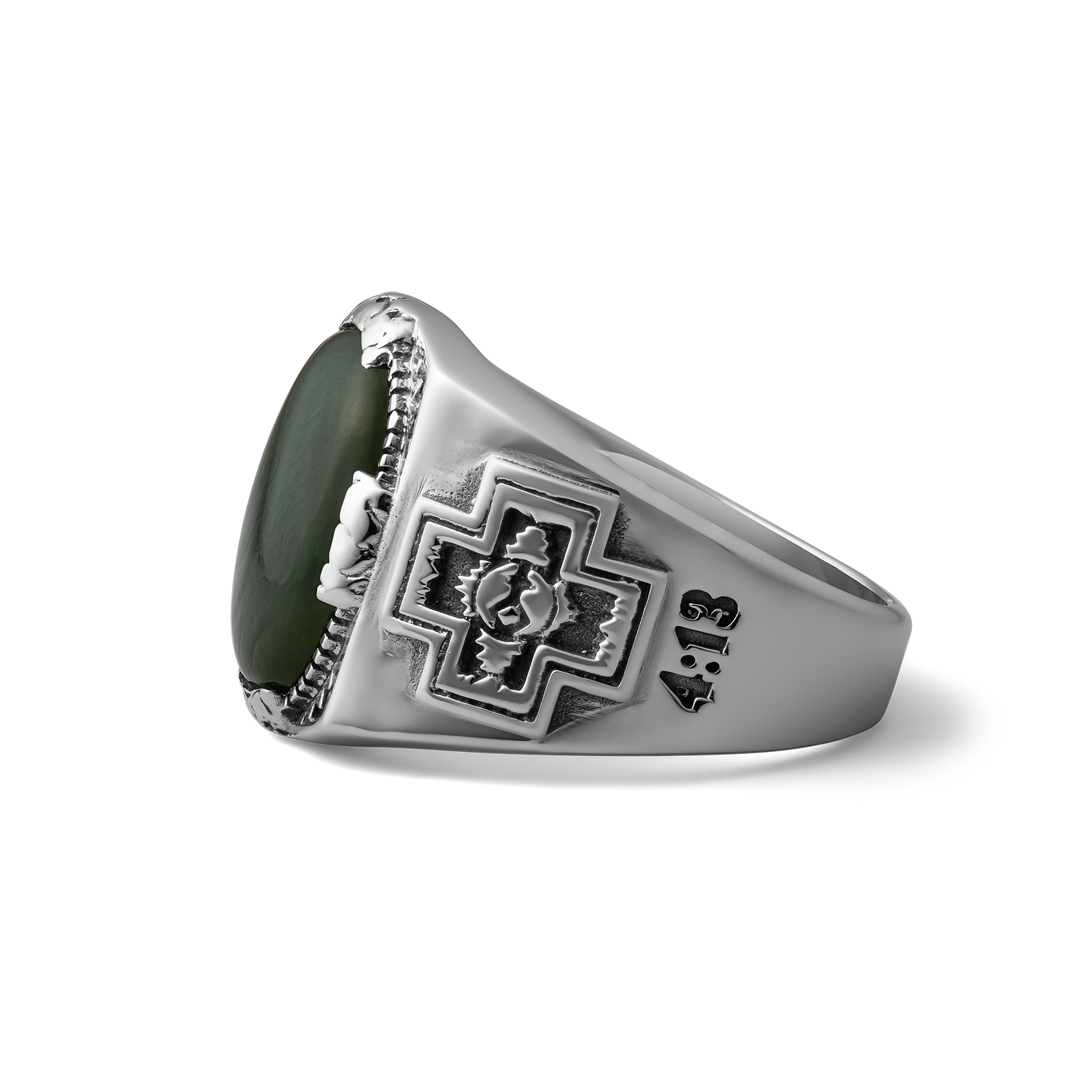 Diamond Cross Ranch sterling silver with dark green nephrite stone chunky signet ring for men