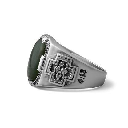 Diamond Cross Ranch sterling silver with dark green nephrite stone chunky signet ring for men