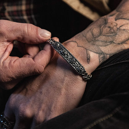 Afterlife Sterling Silver chain ID style bracelet with skulls and roses for men