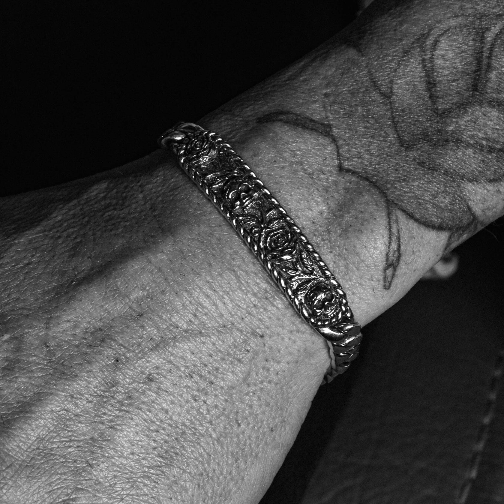 Afterlife Sterling Silver chain ID style bracelet with skulls and roses for men