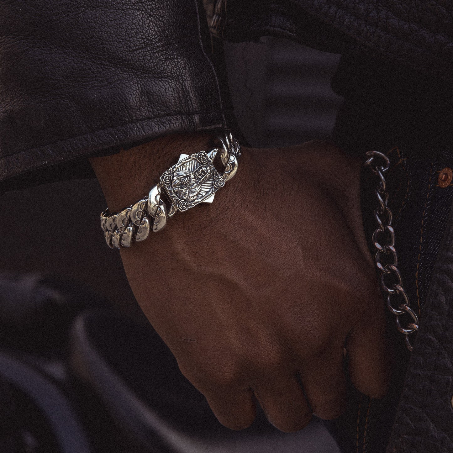 stainless steel cuban chain bracelet santa muerte 