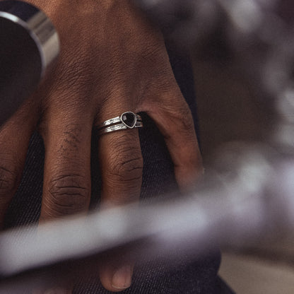 hand wearing sterling silver black onyx black lotus signet ring