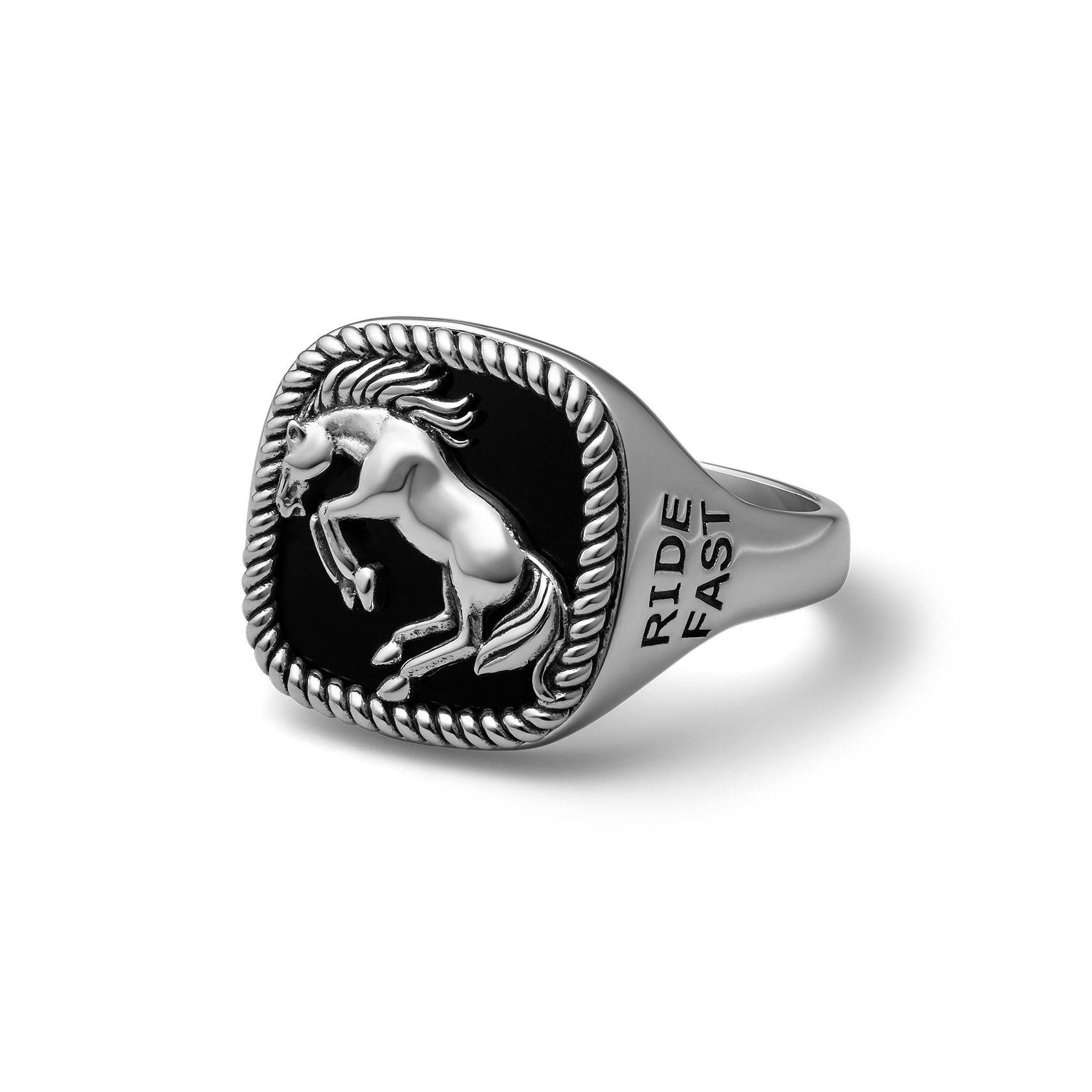 Bucking Bronco Horse Brave Heart Diamond Cross Ranch Ride Fast Sterling Silver western inspired square signet ring for men