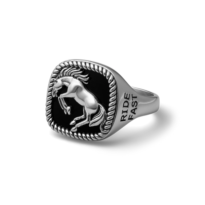 Bucking Bronco Horse Brave Heart Diamond Cross Ranch Ride Fast Sterling Silver western inspired square signet ring for men