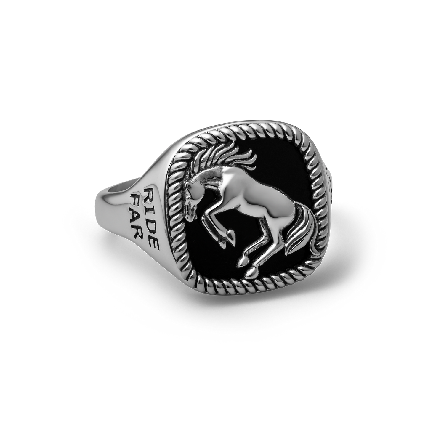 Bucking Bronco Horse Brave Heart Diamond Cross Ranch Ride Fast Sterling Silver western inspired square signet ring for men