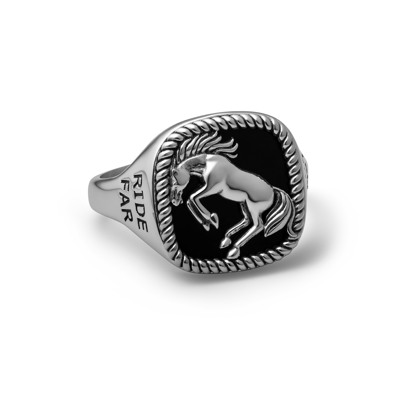 Bucking Bronco Horse Brave Heart Diamond Cross Ranch Ride Fast Sterling Silver western inspired square signet ring for men