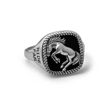 Bucking Bronco Horse Brave Heart Diamond Cross Ranch Ride Fast Sterling Silver western inspired square signet ring for men