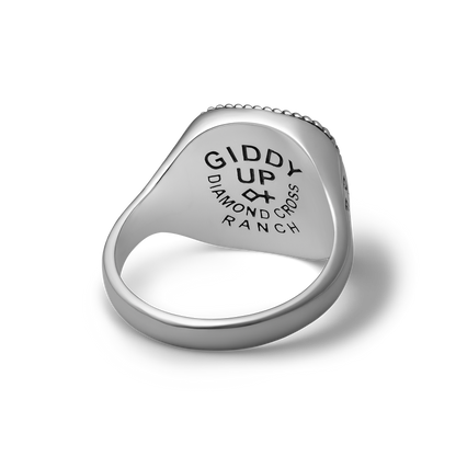 Bucking Bronco Horse Brave Heart Diamond Cross Ranch Ride Fast Sterling Silver western inspired square signet ring for men