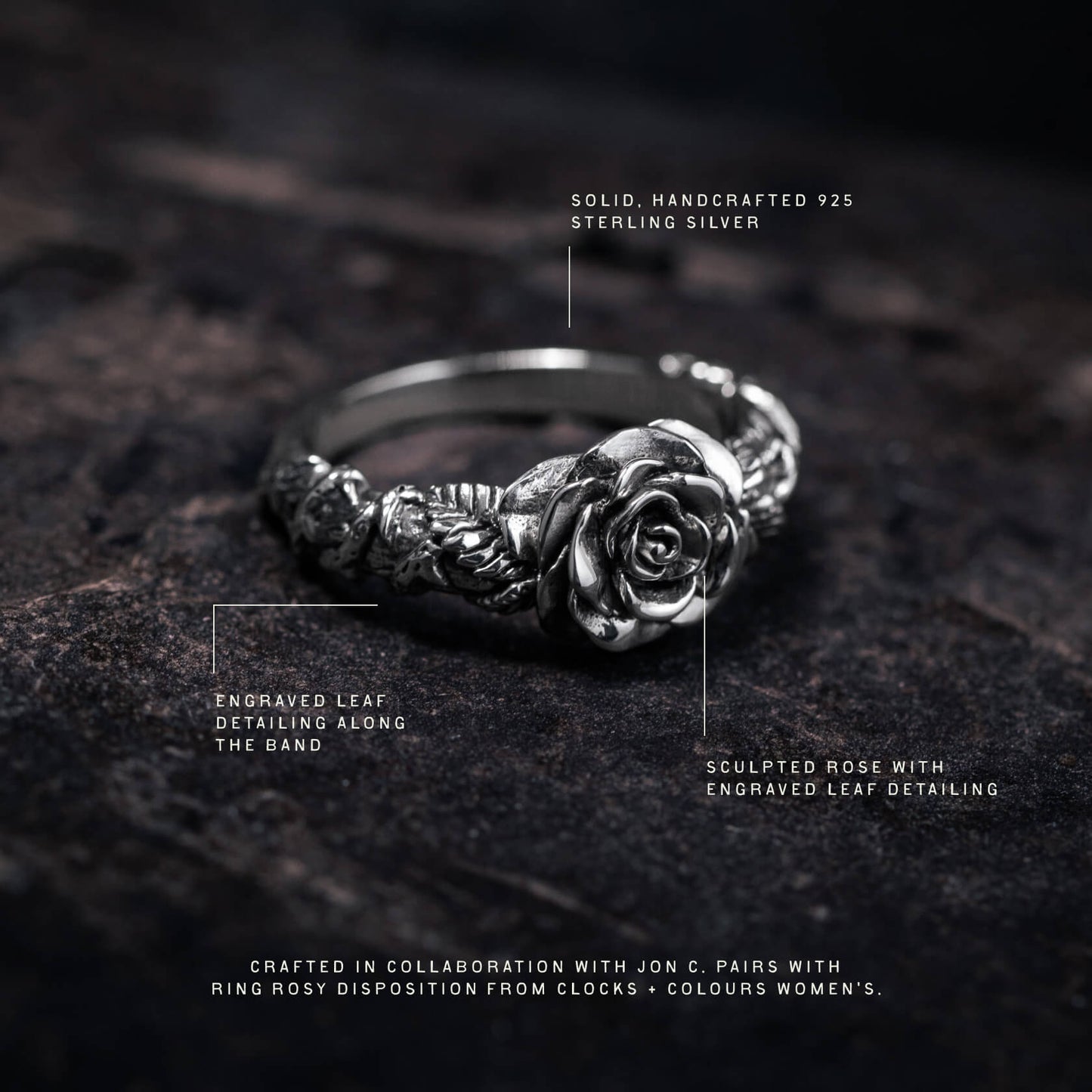 Sterling silver ring featuring a sculptured rose with engraved leaf detailing along the band.
