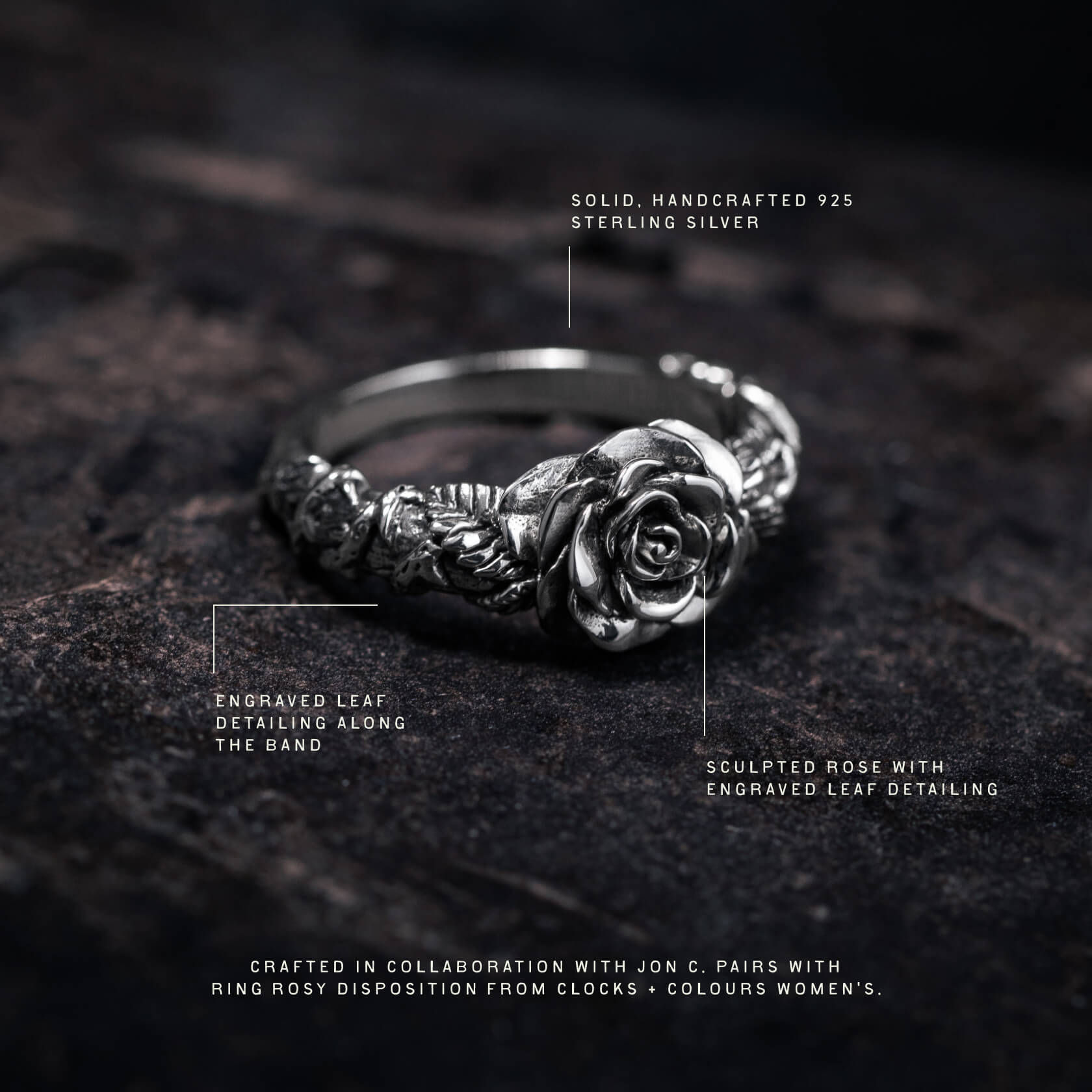 Sterling silver ring featuring a sculptured rose with engraved leaf detailing along the band.