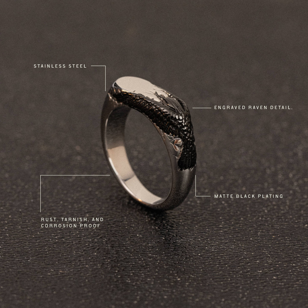 Black stainless steel ring with engraved raven head detail and matte black plating on textured surface.