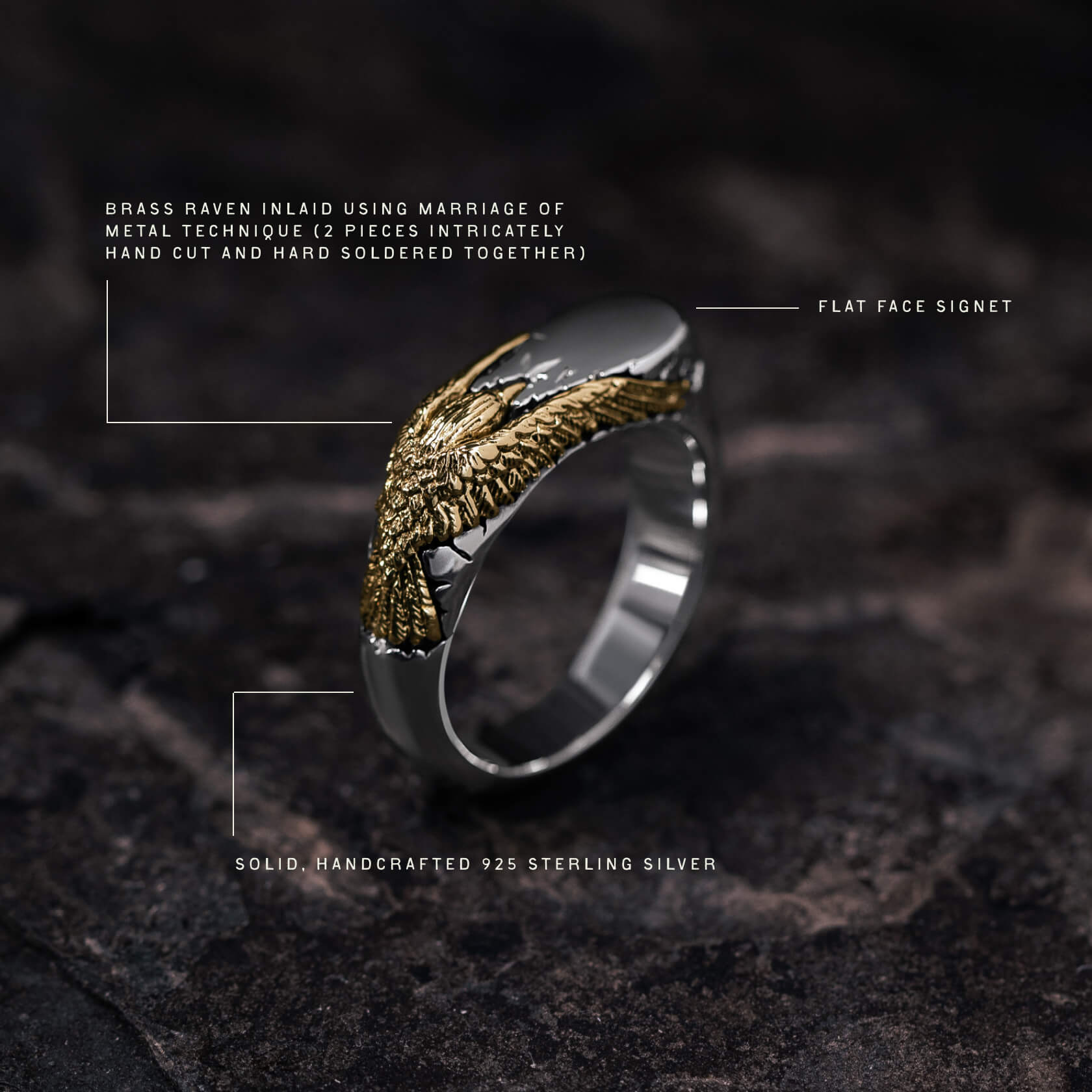 Sterling silver ring with brass raven inlaid on top, flat face signet, handcrafted with soldered construction.