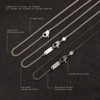Five silver curb chains with lobster clasps in varying lengths and finishes: sterling silver, stainless steel, and antiqued p