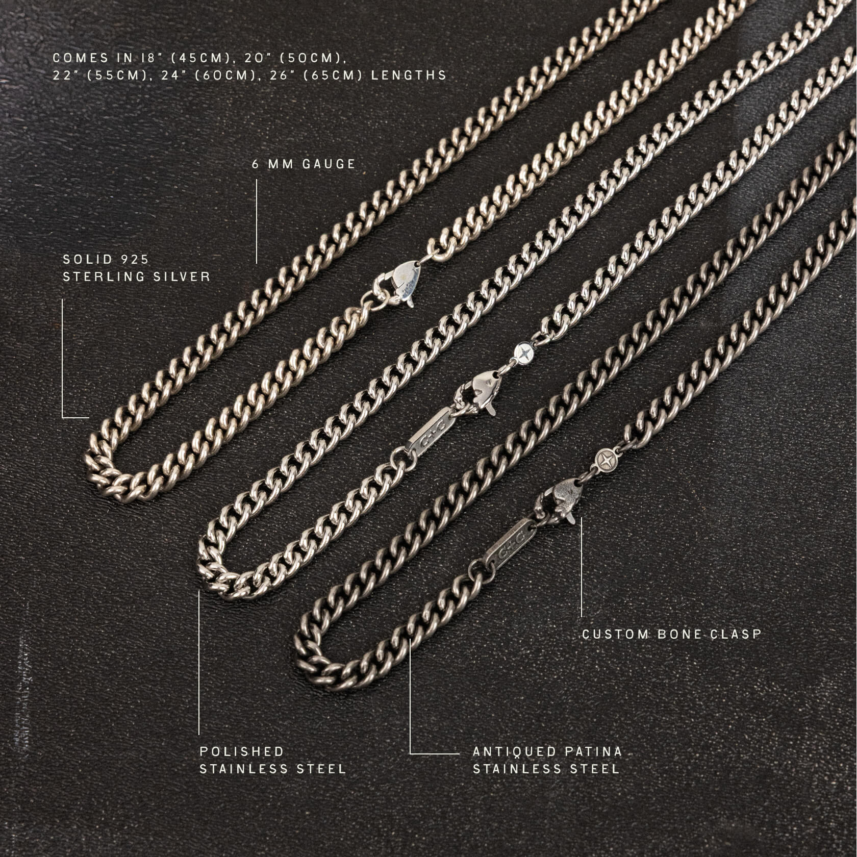 Five 6mm curb chain necklaces in silver and stainless steel with various clasps, displayed diagonally.