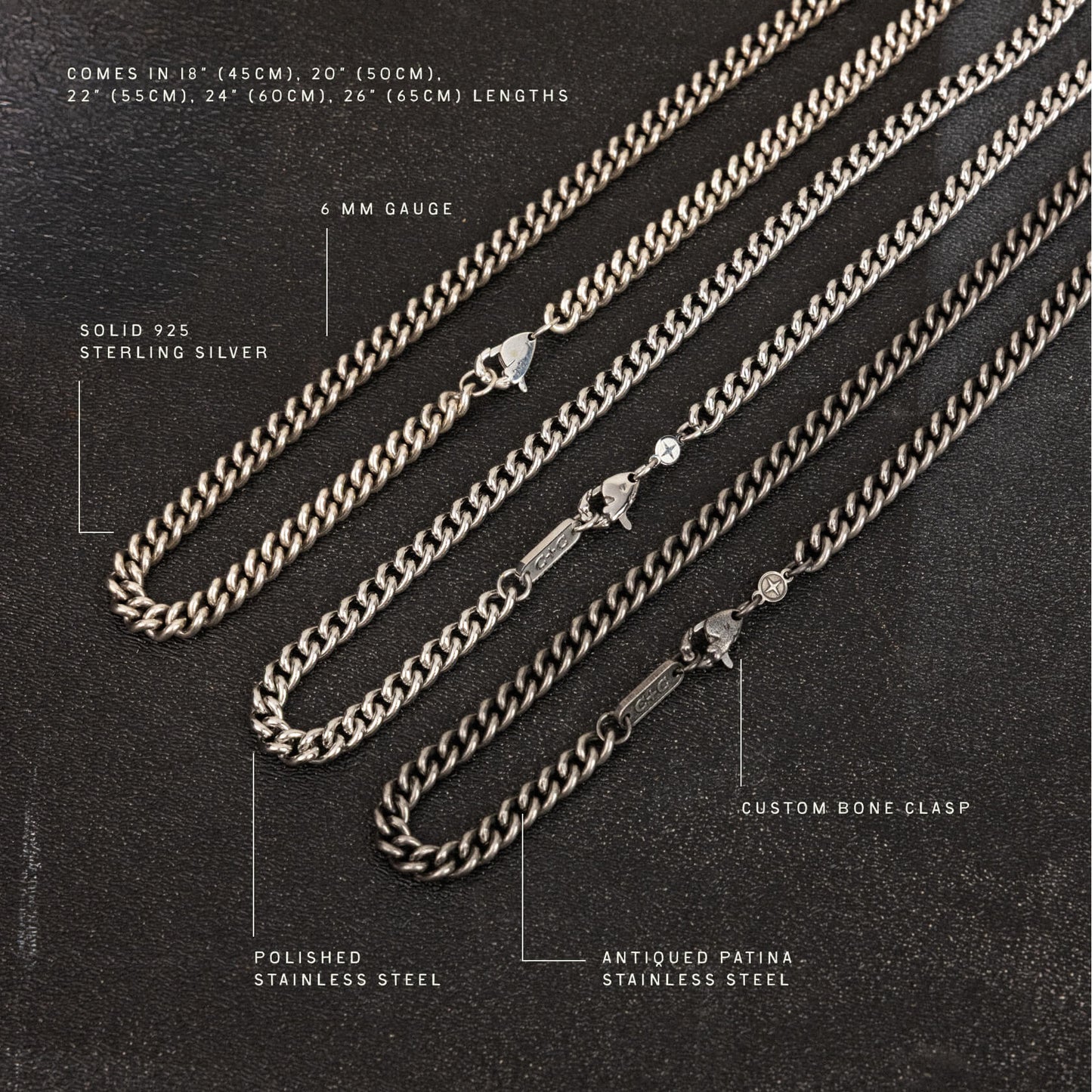 Six 6mm curb chains in solid 925 sterling silver, polished stainless steel, and antiqued patina finishes with custom bone cla