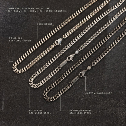 Six 6mm curb chains in solid 925 sterling silver, polished stainless steel, and antiqued patina finishes with custom bone cla