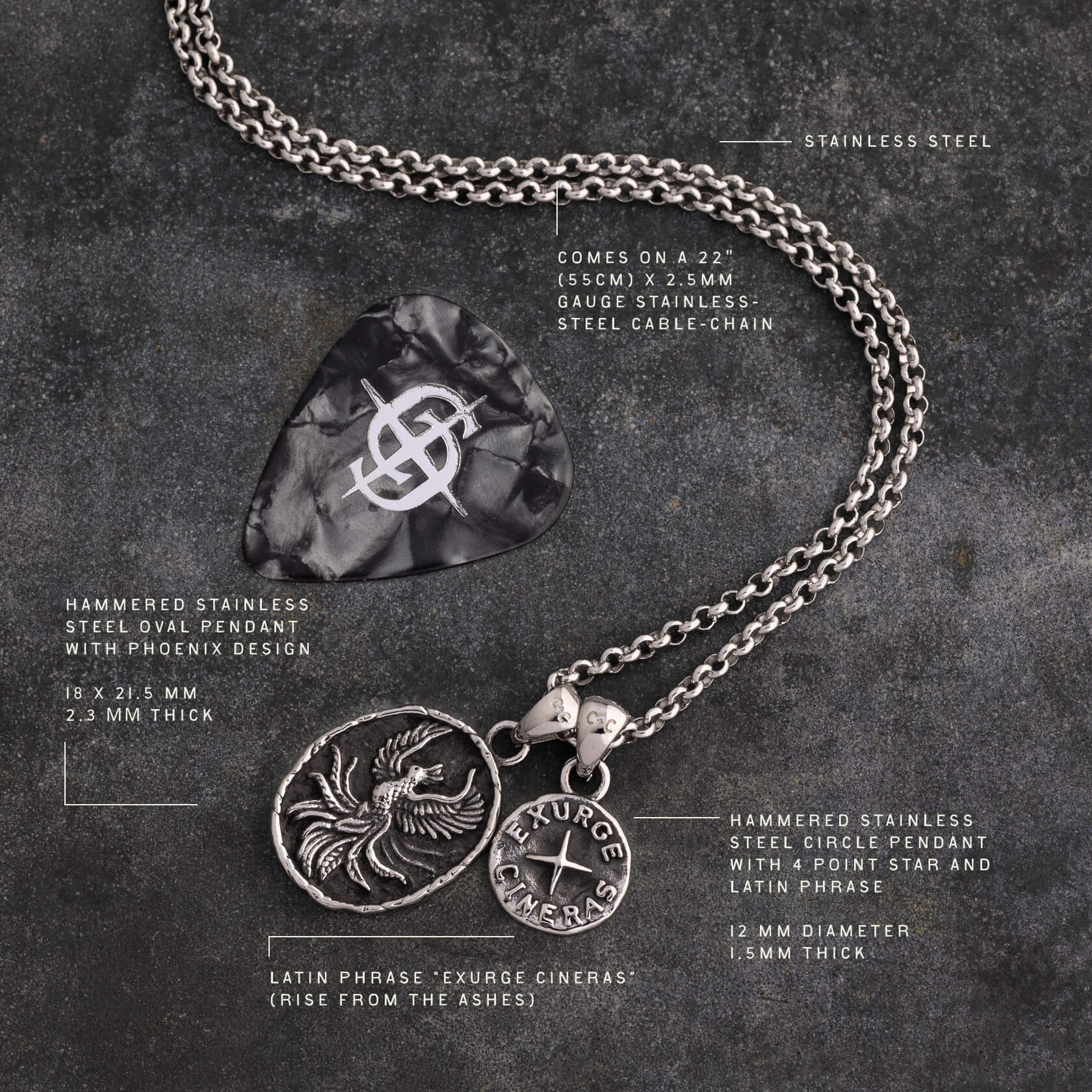 Stainless steel necklace with oval phoenix pendant and circular star pendant on 22-inch cable chain.