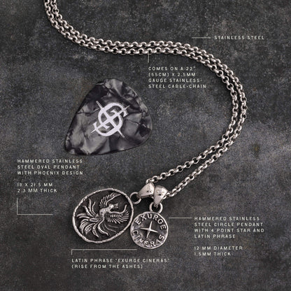 Stainless steel necklace with oval phoenix pendant and circular star pendant on 22-inch cable chain.