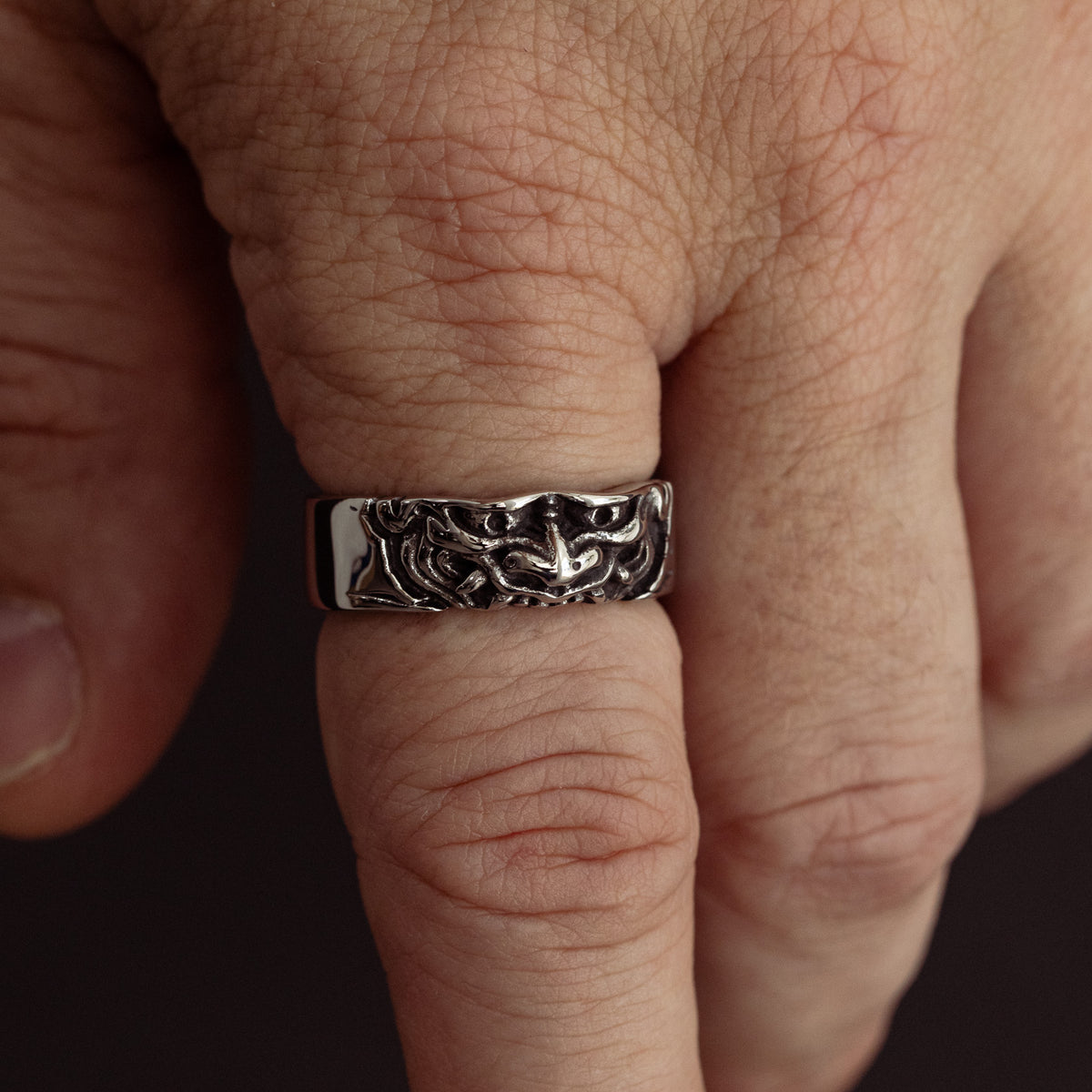 Crimson Veil stainless steel ring - on figure