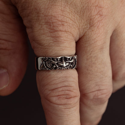 Crimson Veil stainless steel ring - on figure