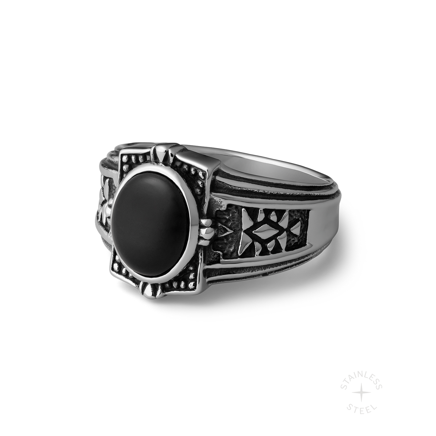 Crossroads stainless steel and onyx ring - off figure