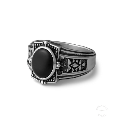 Crossroads stainless steel and onyx ring - off figure