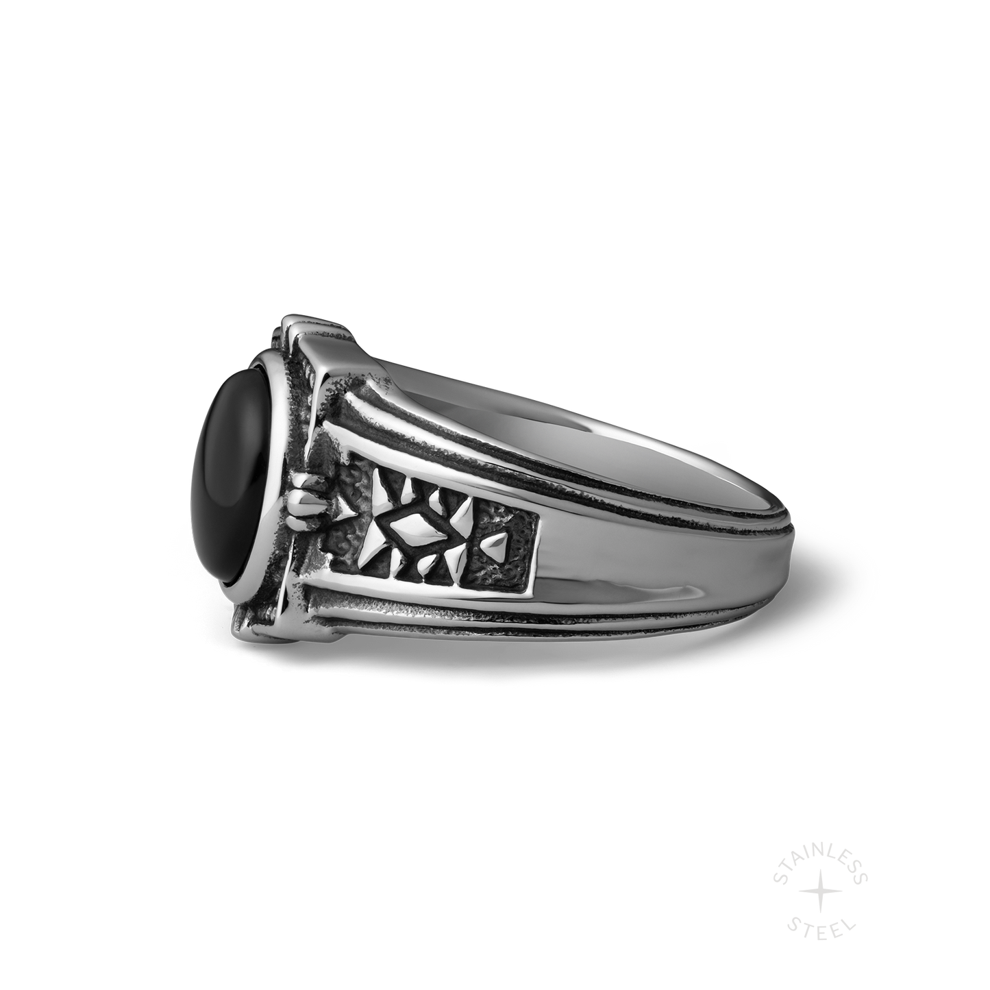 Crossroads stainless steel and onyx ring - off figure